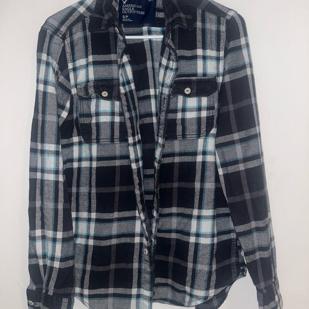American Eagle Outfitters Black and Blue Plaid Shirt